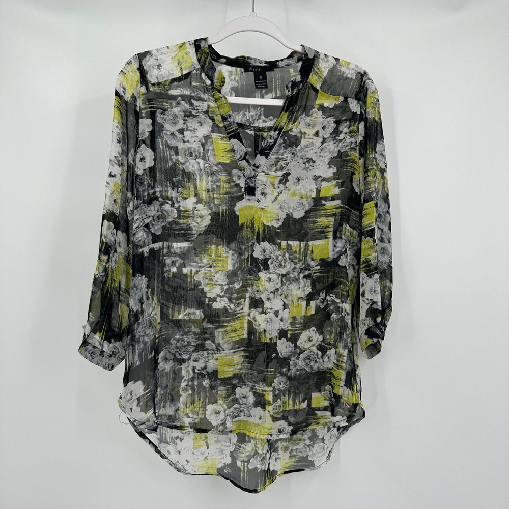 Womens Sheer Artsy Abstract Floral Top Sz S Modern Boho Lightweight Layered Look